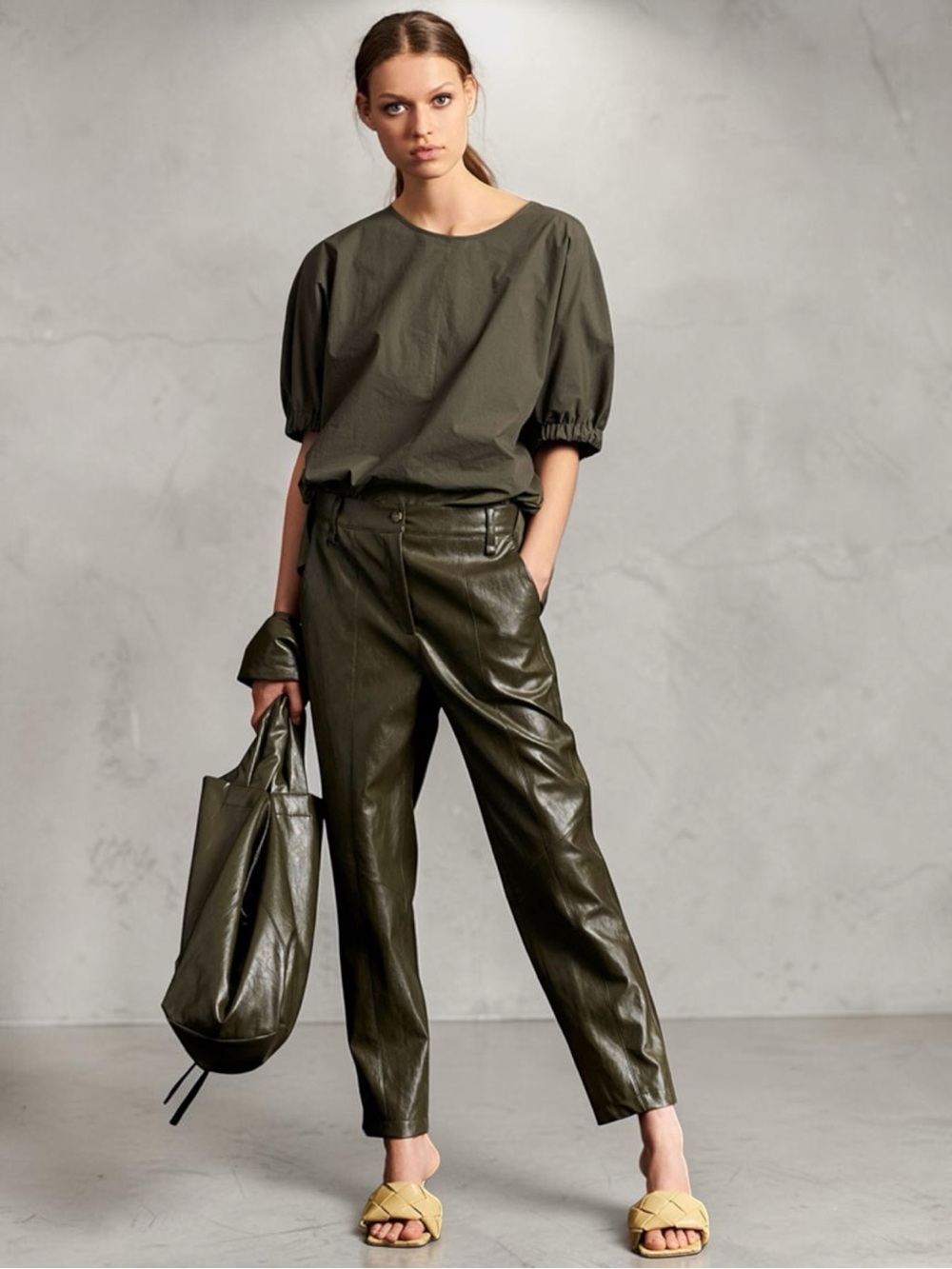 Luisa Cerano High-Rise Pewter Cropped Faux-Leather Pants
